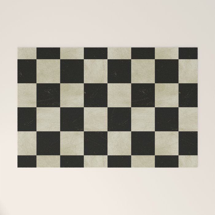 Distressed Black and White Checkerboard Pattern Welcome Mat Gallery Image 1