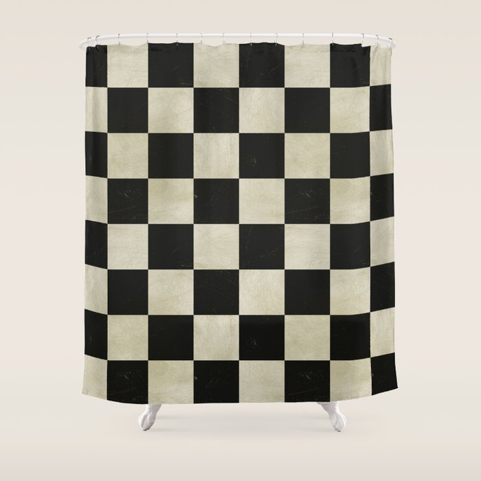 Distressed Black and White Checkerboard Pattern Shower Curtain Gallery Image 1