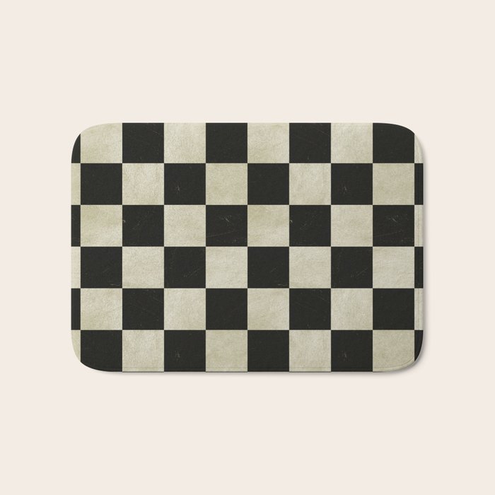 Distressed Black and White Checkerboard Pattern Bath Mat Gallery Image 1