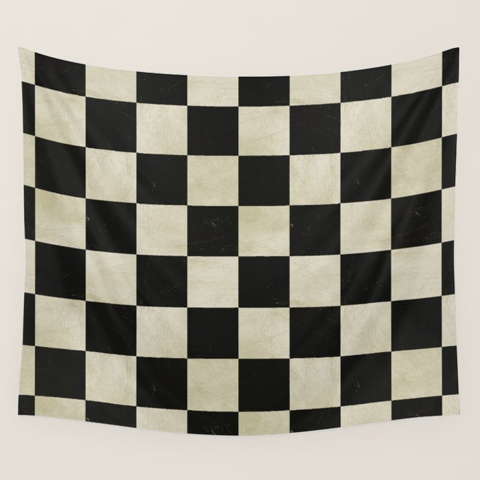 Distressed Black and White Checkerboard Pattern Wall Tapestry Gallery Image 1