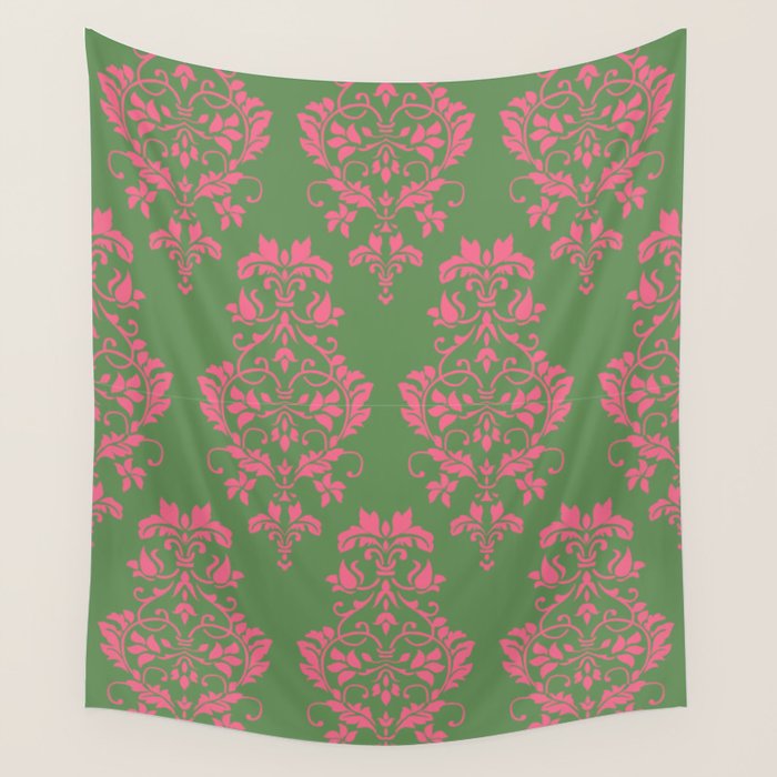 Victorian Pink Green Damask Pattern Wall Tapestry Gallery Image 4