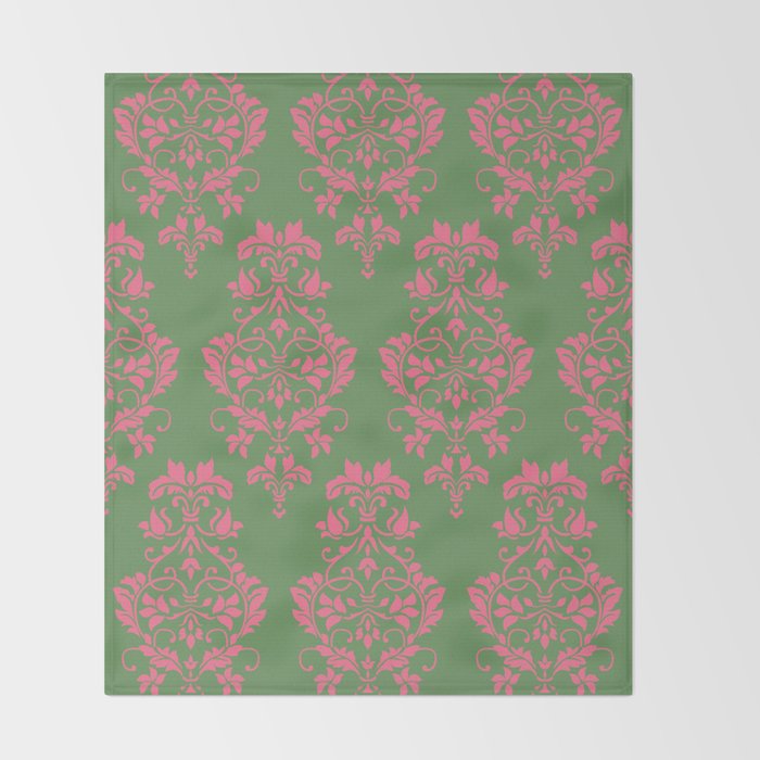 Victorian Pink Green Damask Pattern Throw Blanket Gallery Image 2