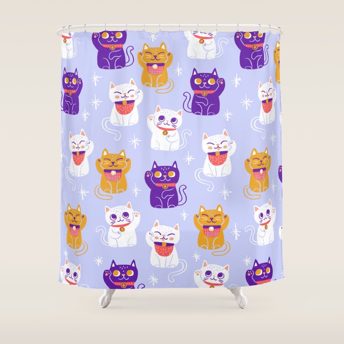 Lucky Waving Kitty Cat Maneki Neko Shower Curtain Gallery Image 1