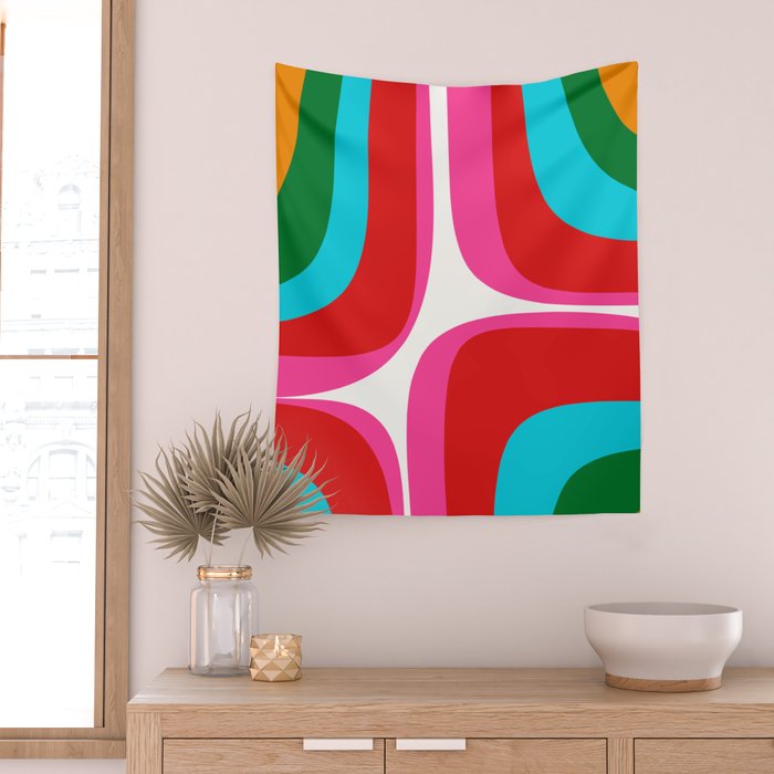 Retro Groove Vivid Mid Century Modern Abstract Pattern with Hot Pink Wall Tapestry Gallery Image 2