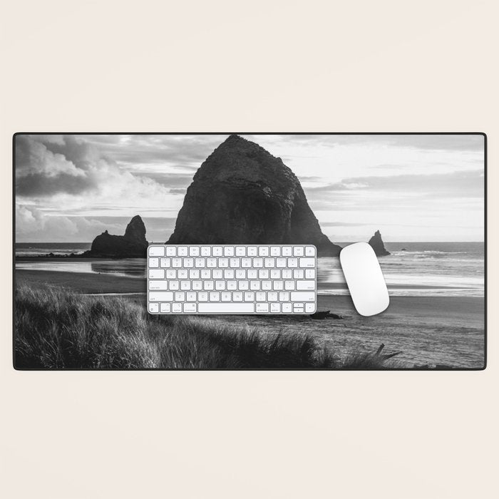 Cannon Beach Sunset - Black and White Nature Photography Desk Mat Gallery Image 1