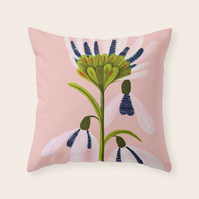 Snowdrop Trio on Blush Pink Throw Pillow Gallery Image 6