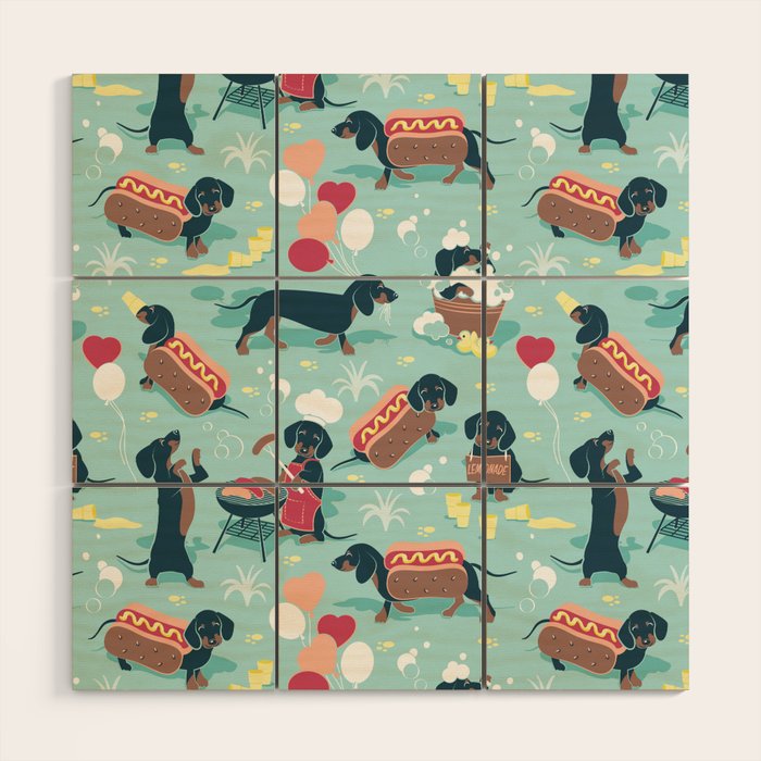 Hot dogs and lemonade // aqua background navy dachshunds Wood Wall Art Gallery Image 1