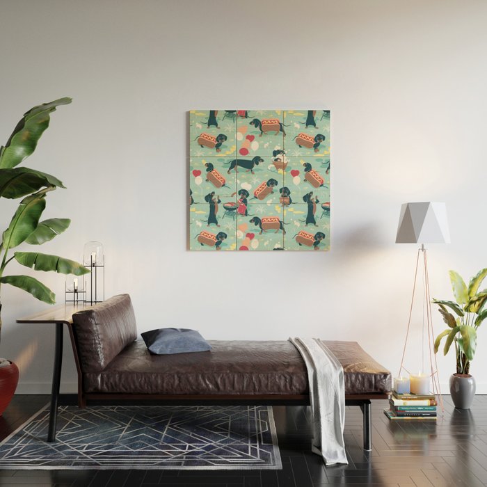 Hot dogs and lemonade // aqua background navy dachshunds Wood Wall Art Gallery Image 2