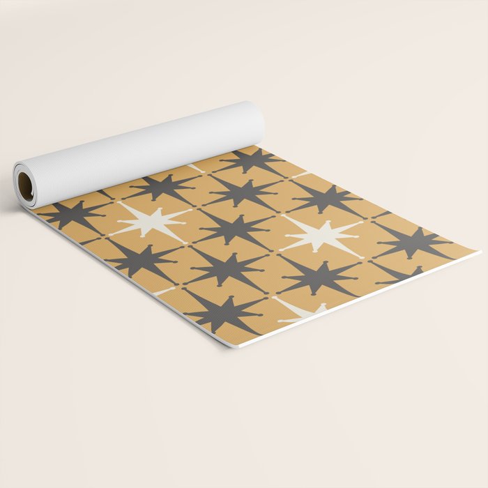 Midcentury Modern Atomic Starburst Pattern Muted Mustard Gold, Charcoal Gray, and Cream Yoga Mat Gallery Image 2