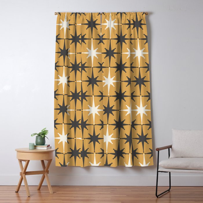 Midcentury Modern Atomic Starburst Pattern Muted Mustard Gold, Charcoal Gray, and Cream Window Curtain Gallery Image 5