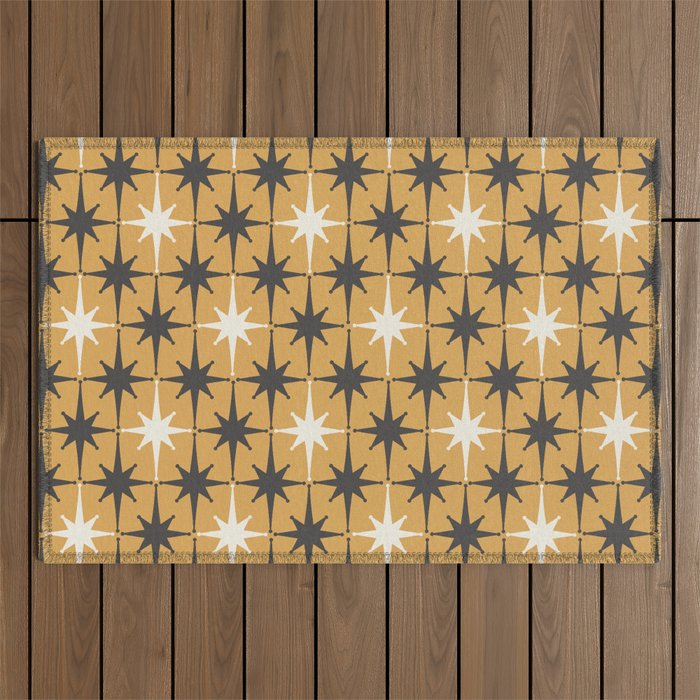 Midcentury Modern Atomic Starburst Pattern Muted Mustard Gold, Charcoal Gray, and Cream Outdoor Rug Gallery Image 1