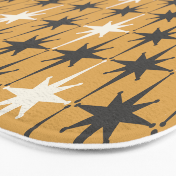 Midcentury Modern Atomic Starburst Pattern Muted Mustard Gold, Charcoal Gray, and Cream Bath Mat Gallery Image 3