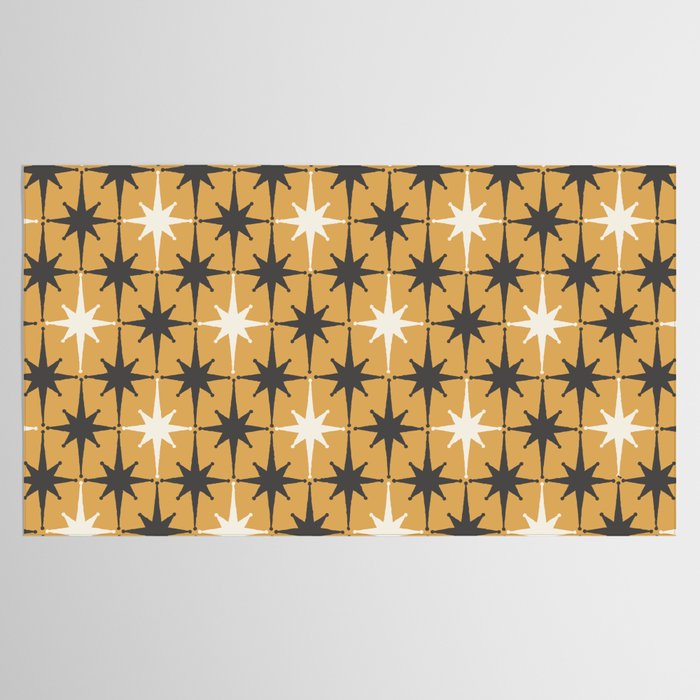 Midcentury Modern Atomic Starburst Pattern Muted Mustard Gold, Charcoal Gray, and Cream Tablecloth Gallery Image 2