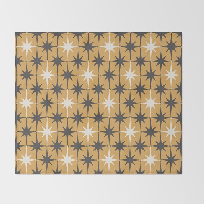 Midcentury Modern Atomic Starburst Pattern Muted Mustard Gold, Charcoal Gray, and Cream Throw Blanket Gallery Image 2