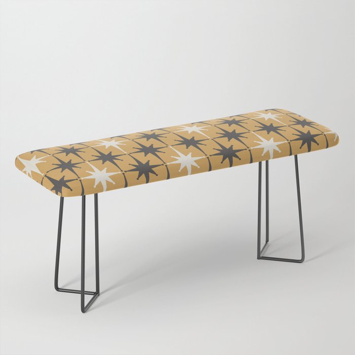 Midcentury Modern Atomic Starburst Pattern Muted Mustard Gold, Charcoal Gray, and Cream Bench Gallery Image 1