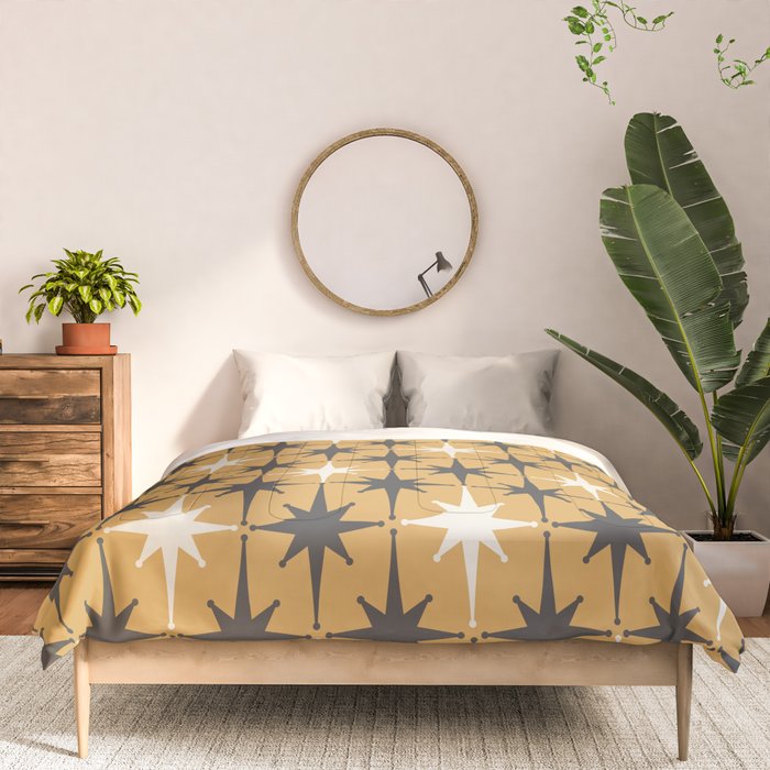 Midcentury Modern Atomic Starburst Pattern Muted Mustard Gold, Charcoal Gray, and Cream Comforter Gallery Image 3
