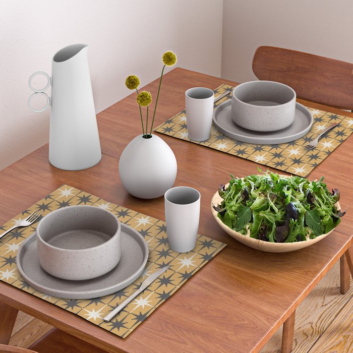 Midcentury Modern Atomic Starburst Pattern Muted Mustard Gold, Charcoal Gray, and Cream Placemat Gallery Image 2