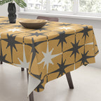 Midcentury Modern Atomic Starburst Pattern Muted Mustard Gold, Charcoal Gray, and Cream Tablecloth Gallery Image 3