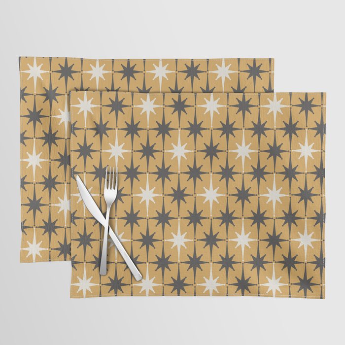Midcentury Modern Atomic Starburst Pattern Muted Mustard Gold, Charcoal Gray, and Cream Placemat Gallery Image 1