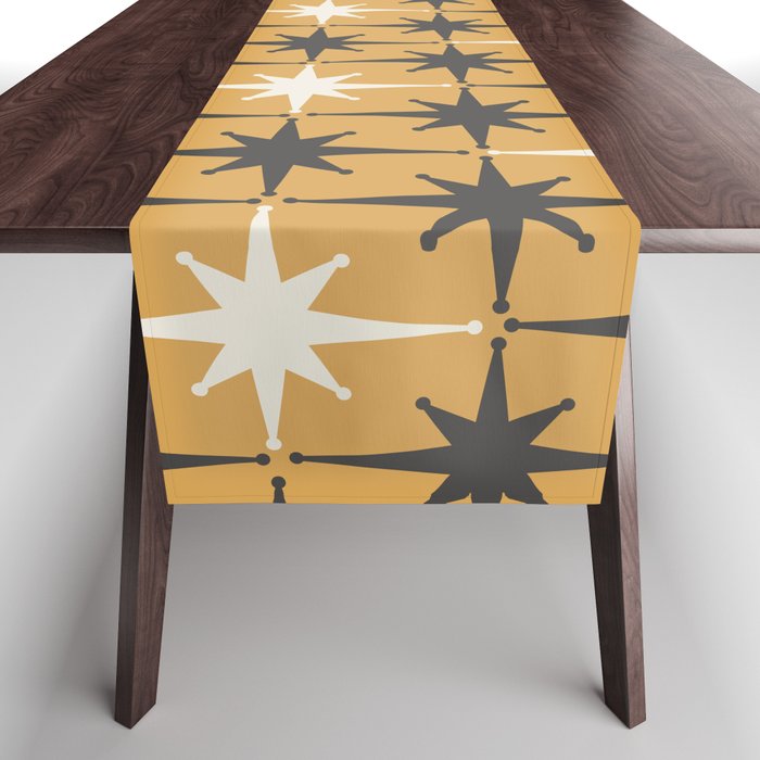 Midcentury Modern Atomic Starburst Pattern Muted Mustard Gold, Charcoal Gray, and Cream Table Runner Gallery Image 1