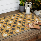 Midcentury Modern Atomic Starburst Pattern Muted Mustard Gold, Charcoal Gray, and Cream Outdoor Rug Gallery Image 2