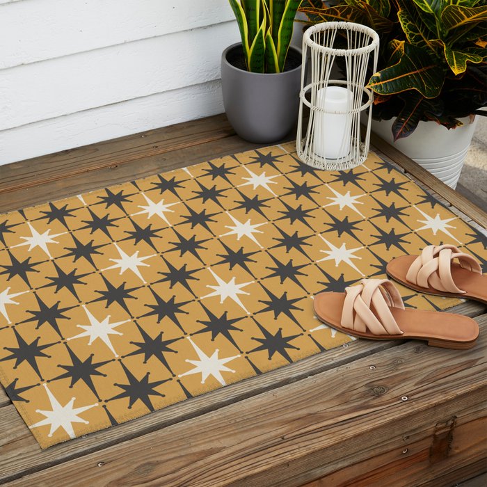 Midcentury Modern Atomic Starburst Pattern Muted Mustard Gold, Charcoal Gray, and Cream Outdoor Rug Gallery Image 2