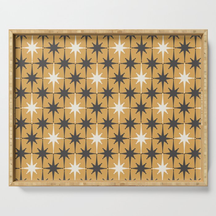 Midcentury Modern Atomic Starburst Pattern Muted Mustard Gold, Charcoal Gray, and Cream Serving Tray Gallery Image 1