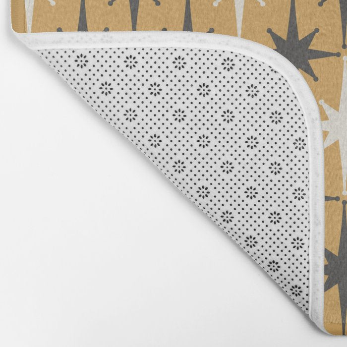 Midcentury Modern Atomic Starburst Pattern Muted Mustard Gold, Charcoal Gray, and Cream Bath Mat Gallery Image 2