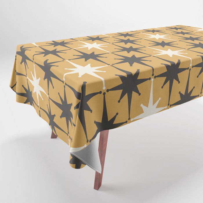 Midcentury Modern Atomic Starburst Pattern Muted Mustard Gold, Charcoal Gray, and Cream Tablecloth Gallery Image 1