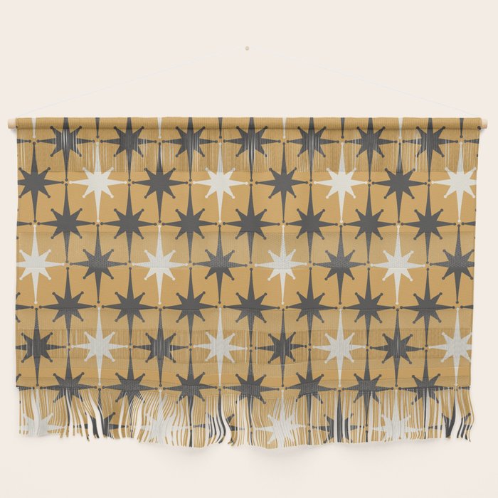Midcentury Modern Atomic Starburst Pattern Muted Mustard Gold, Charcoal Gray, and Cream Wall Hanging Gallery Image 1