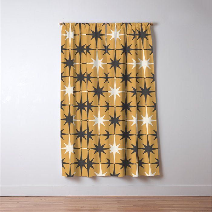 Midcentury Modern Atomic Starburst Pattern Muted Mustard Gold, Charcoal Gray, and Cream Window Curtain Gallery Image 3