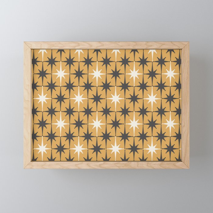 Midcentury Modern Atomic Starburst Pattern Muted Mustard Gold, Charcoal Gray, and Cream Mini Art Print Gallery Image 1