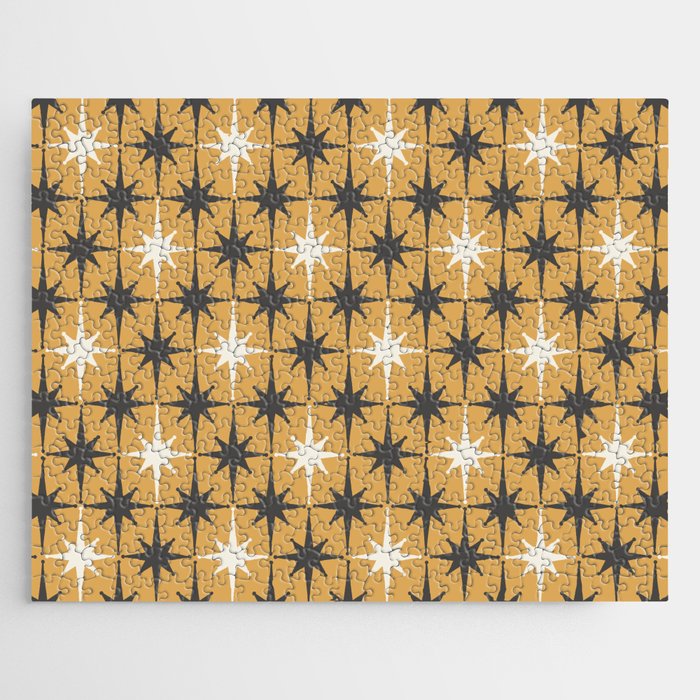 Midcentury Modern Atomic Starburst Pattern Muted Mustard Gold, Charcoal Gray, and Cream Jigsaw Puzzle Gallery Image 1