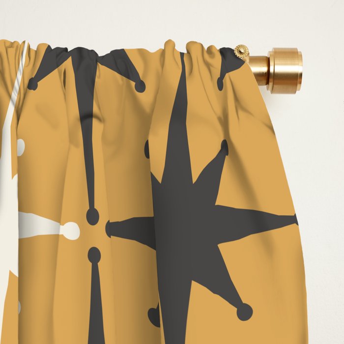 Midcentury Modern Atomic Starburst Pattern Muted Mustard Gold, Charcoal Gray, and Cream Window Curtain Gallery Image 2