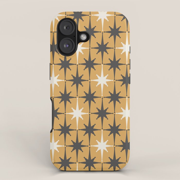 Midcentury Modern Atomic Starburst Pattern Muted Mustard Gold, Charcoal Gray, and Cream iPhone Case Gallery Image 1