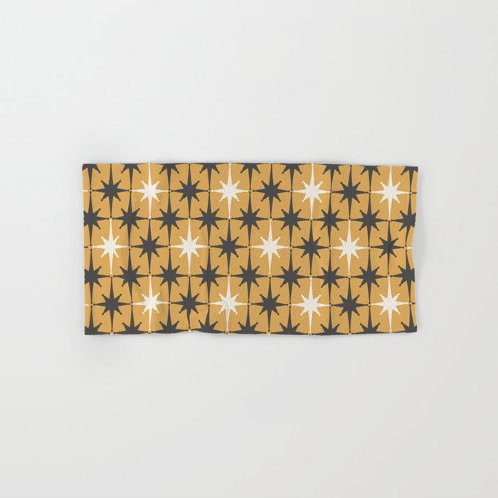 Midcentury Modern Atomic Starburst Pattern Muted Mustard Gold, Charcoal Gray, and Cream Bath Towel Gallery Image 1