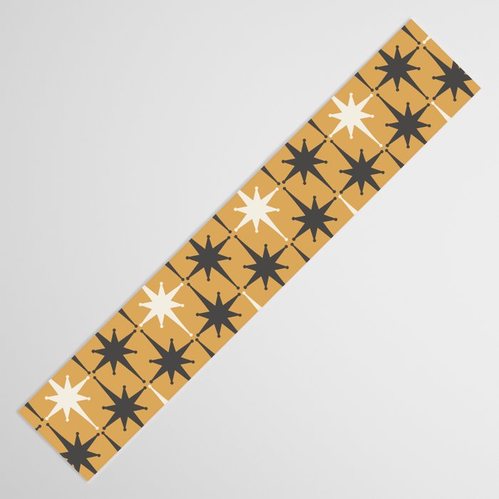 Midcentury Modern Atomic Starburst Pattern Muted Mustard Gold, Charcoal Gray, and Cream Table Runner Gallery Image 3