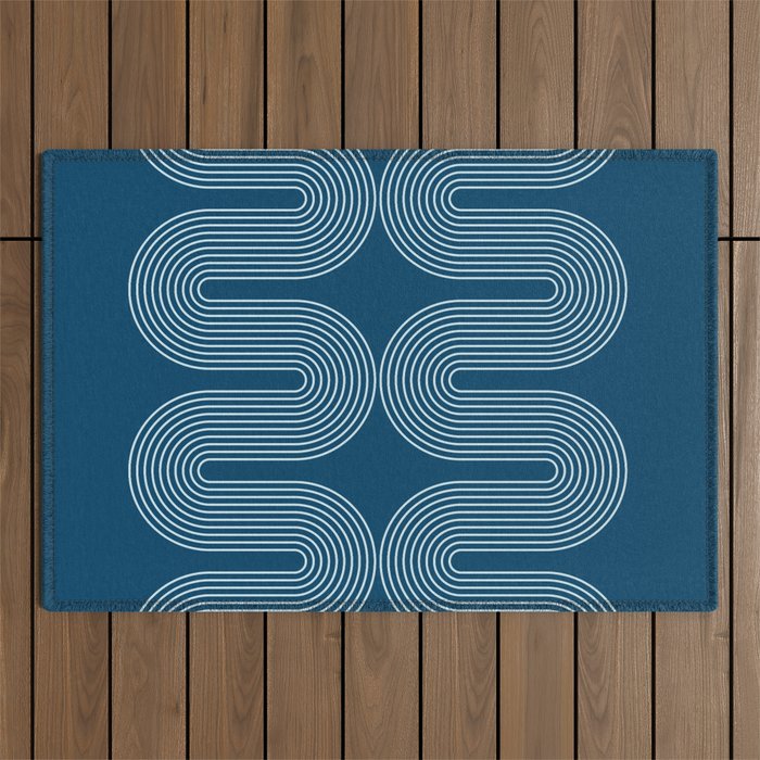 Mid Century Modern Geometric 101 in night Blue (Rainbow Abstract) Outdoor Rug Gallery Image 1