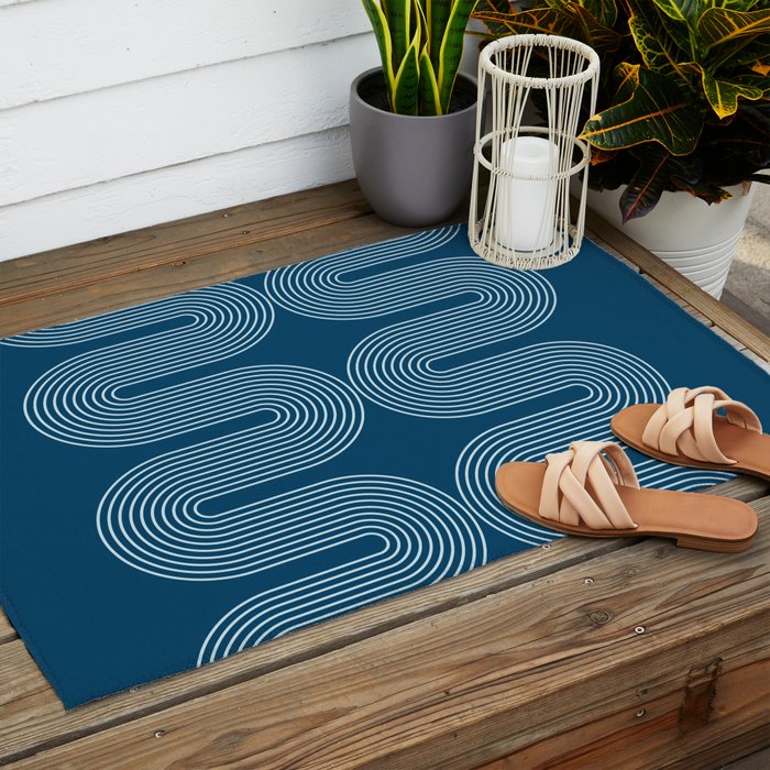 Mid Century Modern Geometric 101 in night Blue (Rainbow Abstract) Outdoor Rug Gallery Image 2