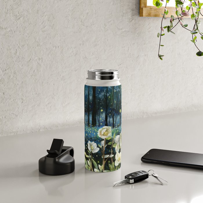 Magical Forest at Night, Fireflies and Helleborus Water Bottle Gallery Image 4