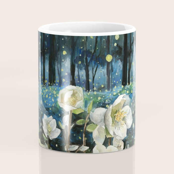 Magical Forest at Night, Fireflies and Helleborus Coffee Mug Gallery Image 4