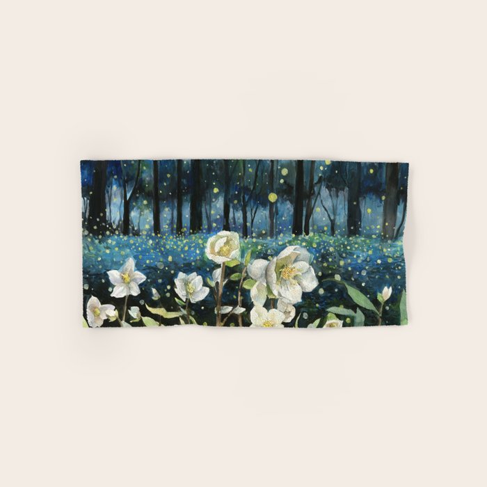Magical Forest at Night, Fireflies and Helleborus Bath Towel Gallery Image 1