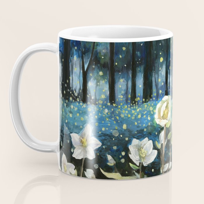 Magical Forest at Night, Fireflies and Helleborus Coffee Mug Gallery Image 3