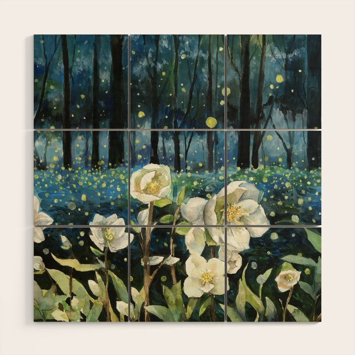 Magical Forest at Night, Fireflies and Helleborus Wood Wall Art Gallery Image 1