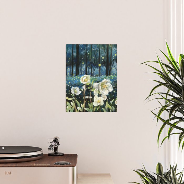 Magical Forest at Night, Fireflies and Helleborus Poster Gallery Image 2