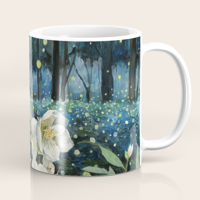 Magical Forest at Night, Fireflies and Helleborus Coffee Mug Gallery Image 1