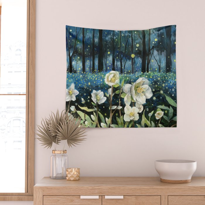 Magical Forest at Night, Fireflies and Helleborus Wall Tapestry Gallery Image 2