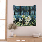 Magical Forest at Night, Fireflies and Helleborus Wall Tapestry Gallery Image 2
