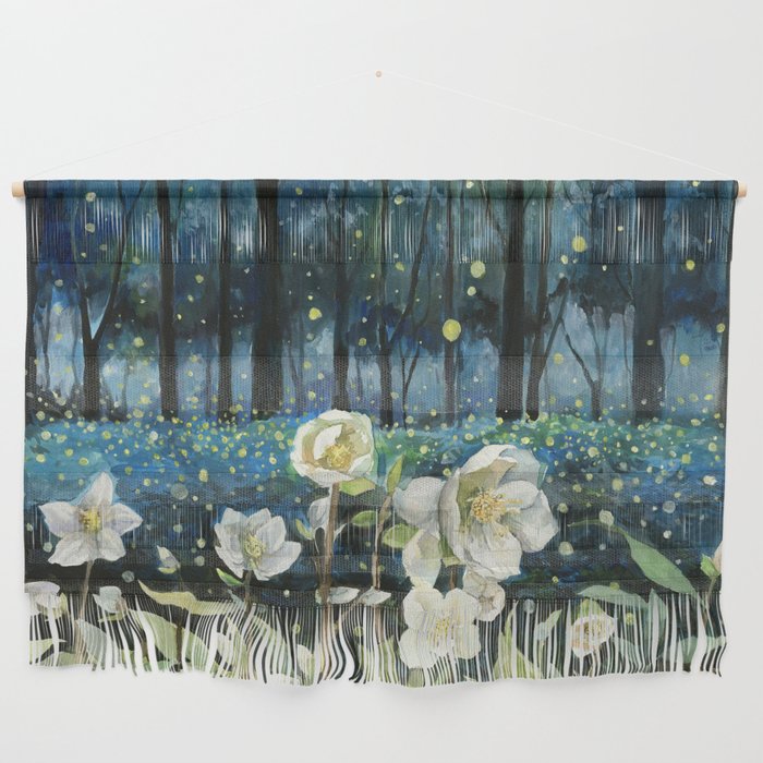 Magical Forest at Night, Fireflies and Helleborus Wall Hanging Gallery Image 1