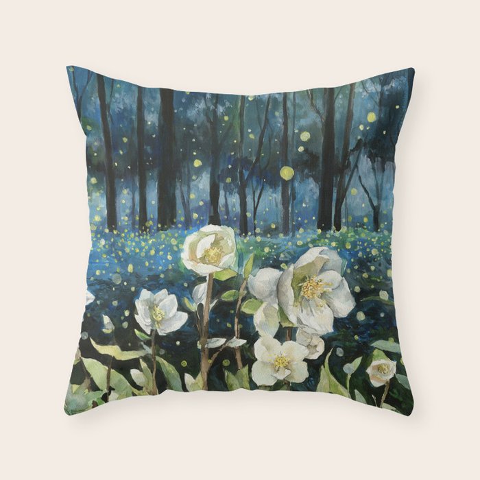 Magical Forest at Night, Fireflies and Helleborus Throw Pillow Gallery Image 1